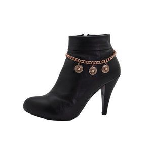 Women Rose Gold Color Metal Chain Boot Bracelet Anklet Shoe Ethnic Coin Charm